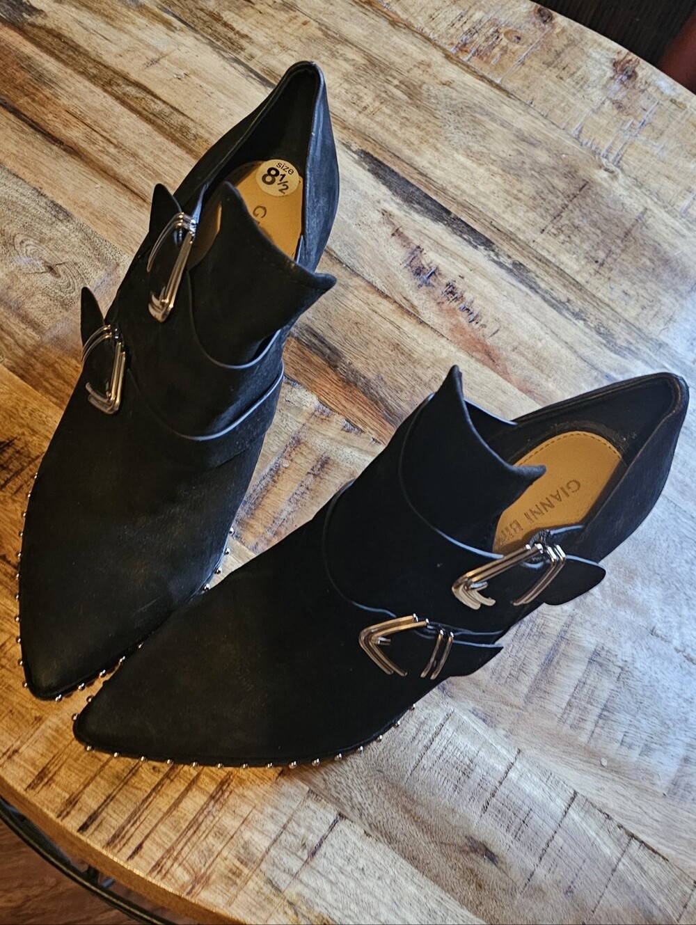 Gianni Bini Black Pointed Buckle Suede Ankle Booties